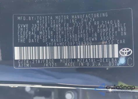 2024 Toyota Corolla Le z USA, uszkodzony, nr VIN 5YFB4MDE0RP168900